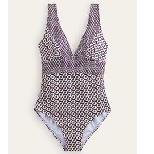 Boden Blue and White One Piece Swimsuit with V-Neckline